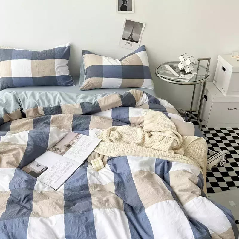 Conjunto de roupa de cama de algodão lavado, listrado, grade, lençol minimalista, consolador, capa de edredão rainha, duplo para meninos e meninas