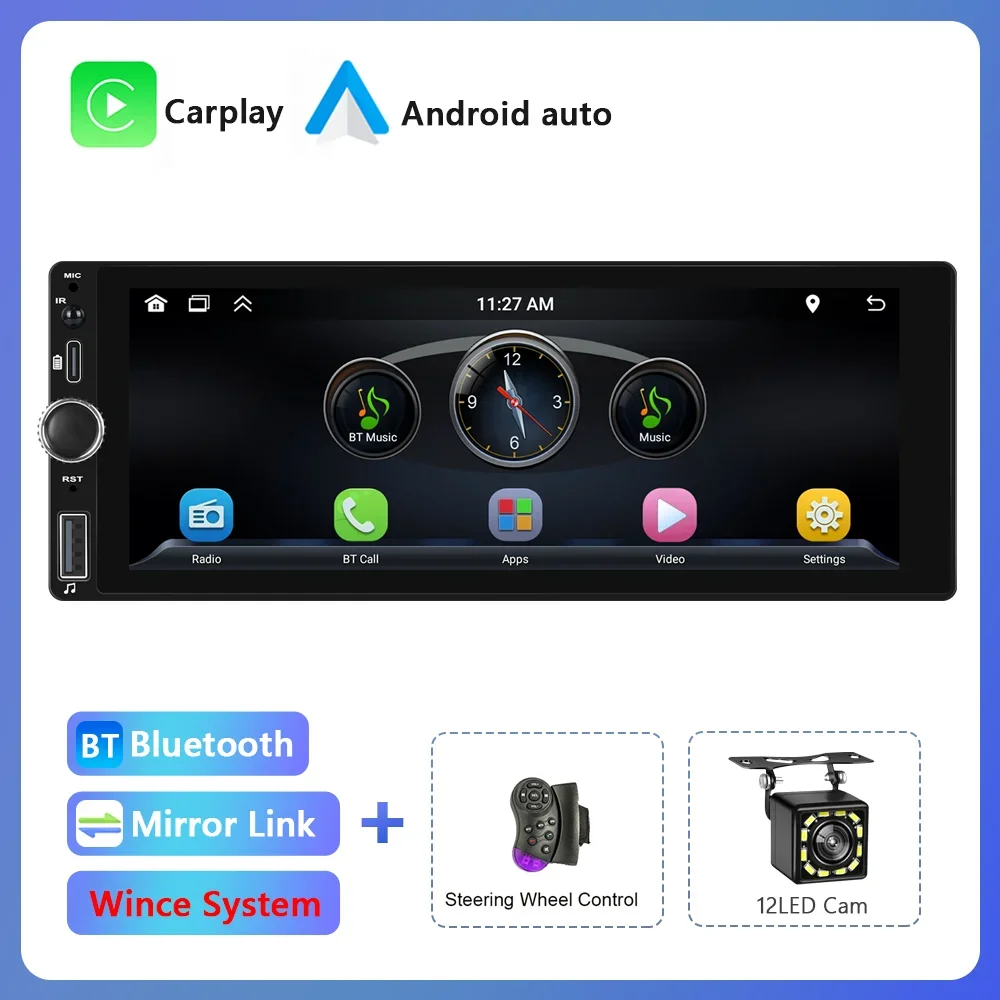 Podofo 1din android mp5 rádio estéreo do carro 6.86 "sem fio carplay android auto bluetooth receptor de rádio fm tf/usb 1din multimídia