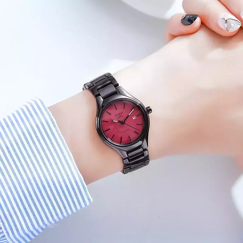 OUPAI-Relógio de quartzo design industrial para mulheres, cerâmica preta, mostrador vermelho, vestido pequeno e causal, moda, nova chegada, 2024