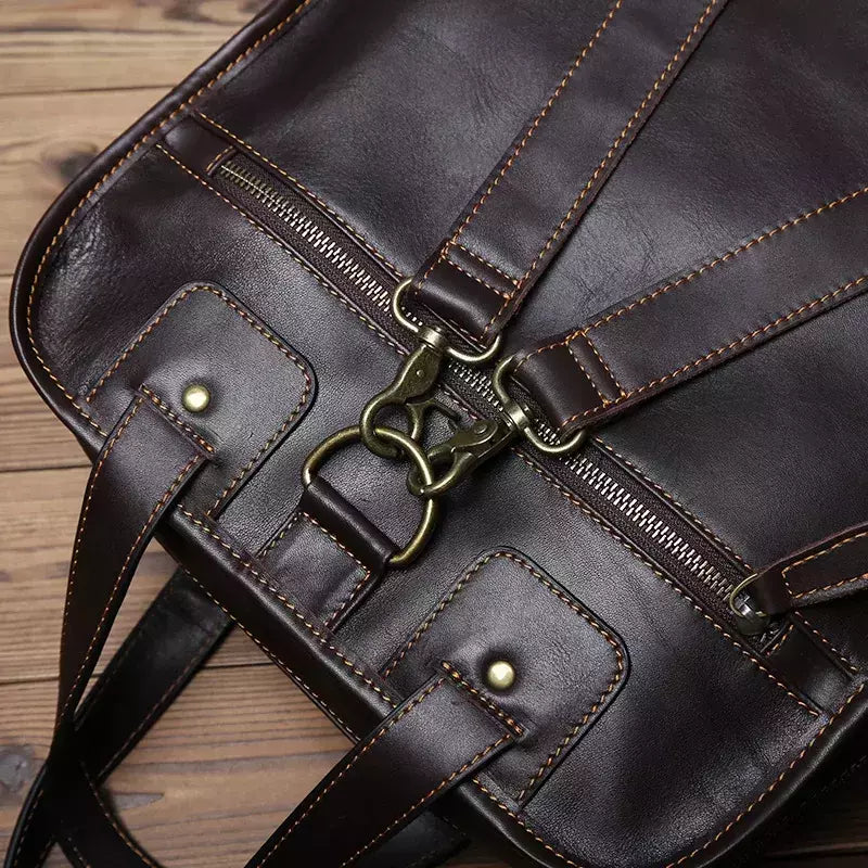 Maleta de couro retrô para homens, couro natural, bolsa vertical, bolsa de ombro casual, mochila masculina, adequada para laptop de 15 ", NZPJ
