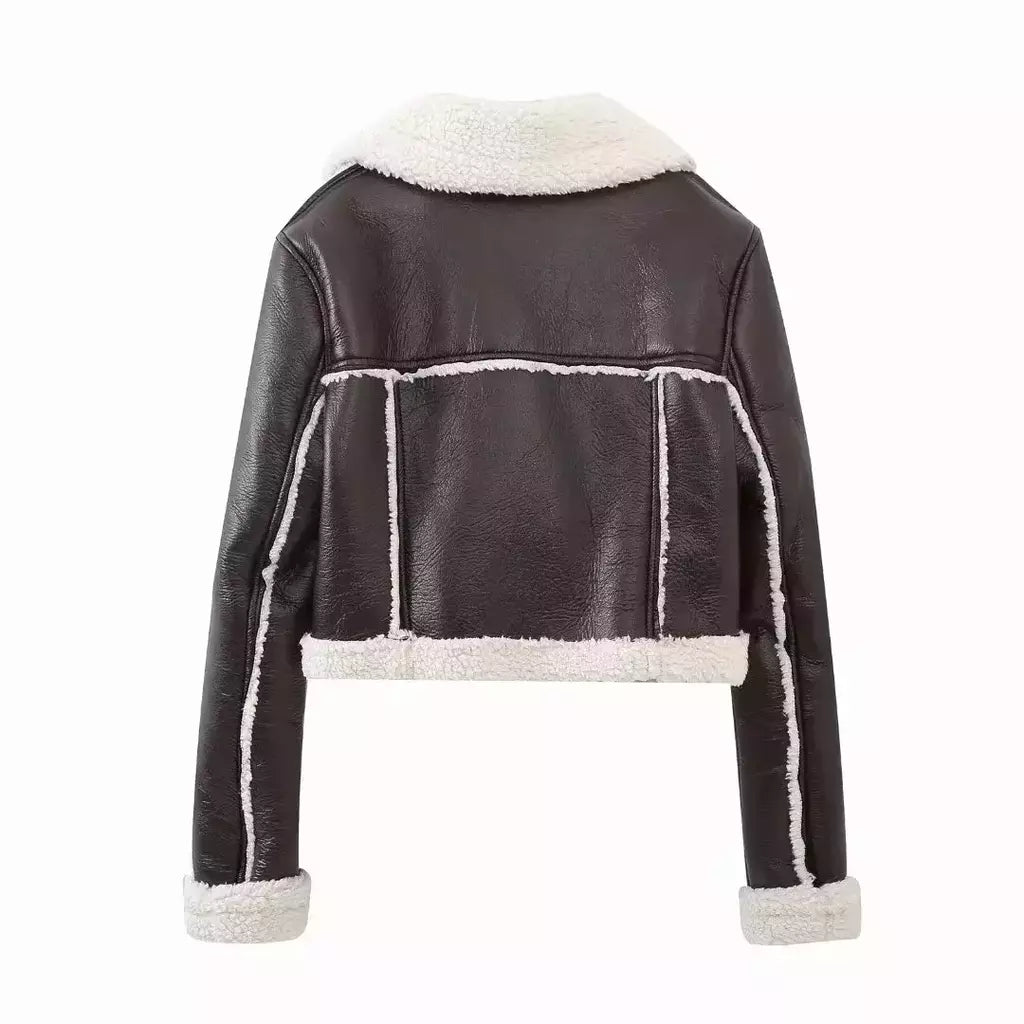 Jaqueta de shearling falso feminina, casaco de pele de carneiro, jaquetas retrô motociclista, tops, inverno