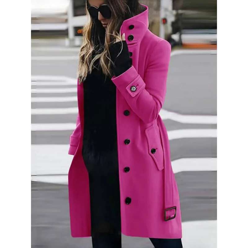 Casaco longo de gola virada para baixo de peito único feminino, casacos de lã, jaquetas femininas quentes, roupas de inverno