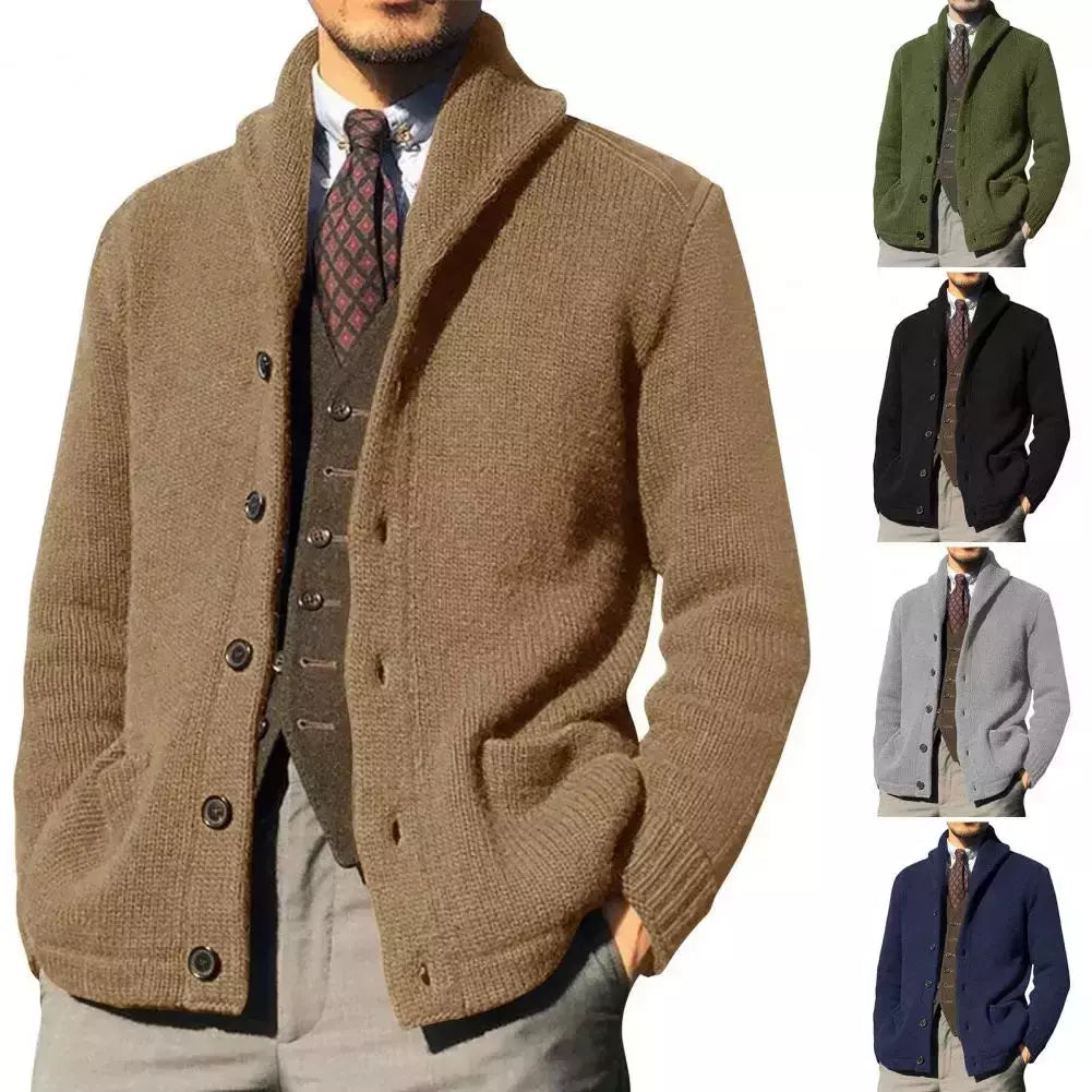 Homens casaco de malha lapela manga comprida bolsos engrossados cardigan camisola masculina outono botões sólidos placket casaco de malha para o trabalho