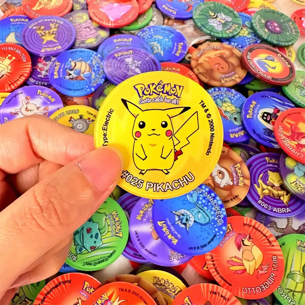 Material acrílico tazos pokemon 1a edição ash ketchum starter pokemon torneiras coleção cartão acrílico pikachu trainer redondo pogs