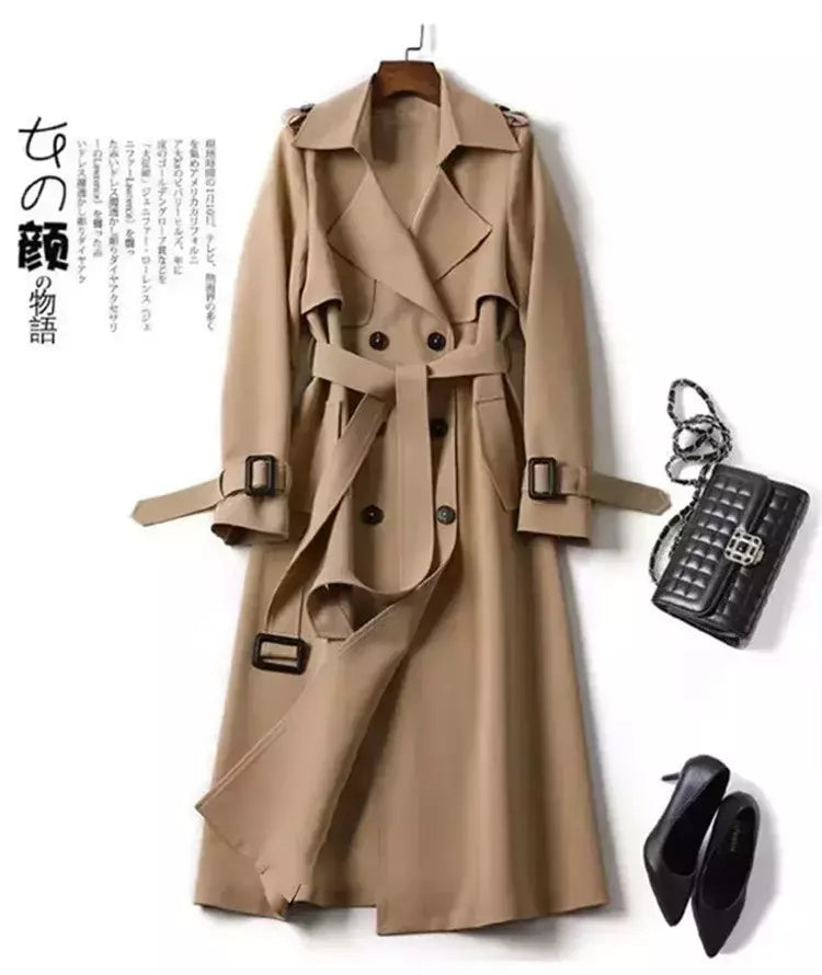 Casaco de trincheira longa de peito duplo feminino, blusão estilo britânico, jaquetas casuais elegantes, streetwear outono e inverno, comprimento médio