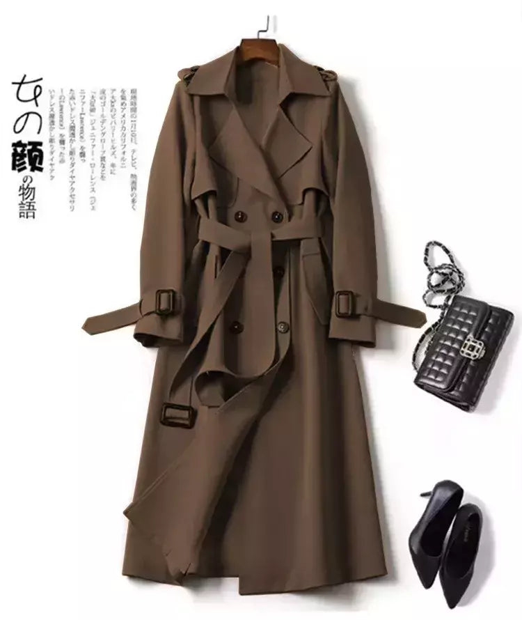 Casaco de trincheira longa de peito duplo feminino, blusão estilo britânico, jaquetas casuais elegantes, streetwear outono e inverno, comprimento médio