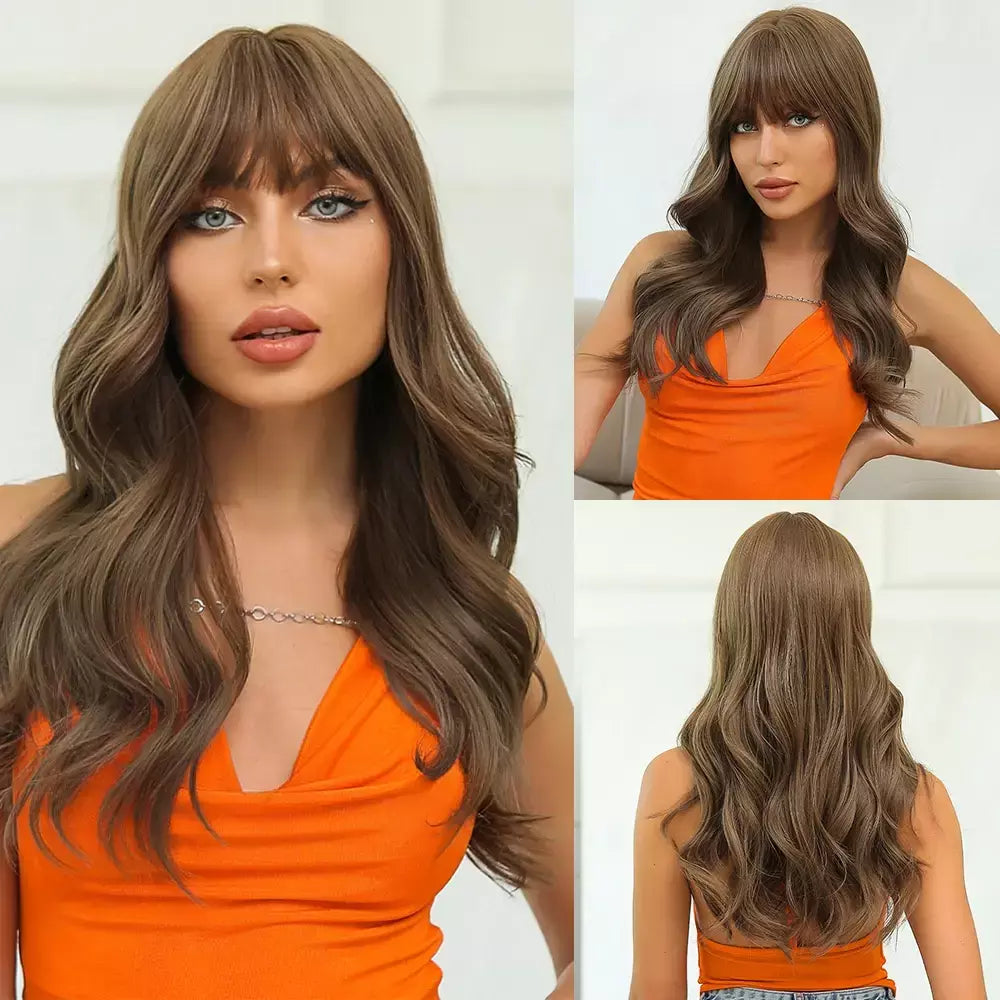 Louis ferre longo ombre loira perucas sintéticas com franja para mulheres onda natural penteado fibra resistente ao calor cosplay perucas marrons