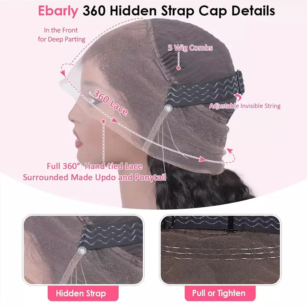 250 densidade alça invisível hd 360 peruca cheia do laço pré-cortado 360 peruca frontal do laço profundo encaracolado escondido cinta peruca sem cola peruca de cabelo humano