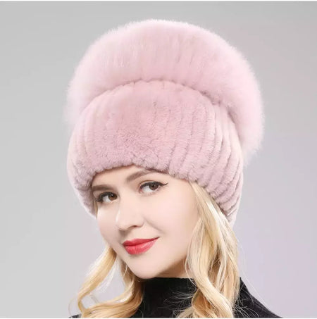 Real Genuine Fox Fur Gorros Chapéu para Mulheres, Pele de Coelho Rex Natural Boné de Caveira, Chapéus de malha para meninas, inverno, estilo russo, novo