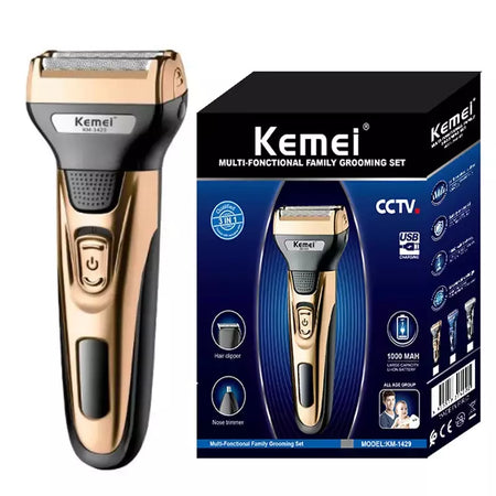 Kemei-Kit de higiene elétrica para homens, aparador de pêlos de barba, barbear corpo, nariz e orelha, lâmina facial recarregável, 3in 1