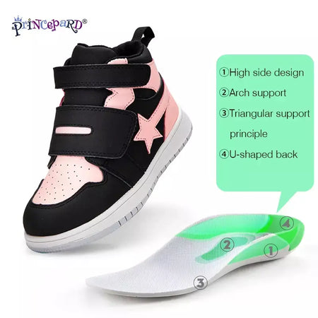 Sapatilhas para crianças, sapatos ortopédicos para crianças, ponta dos pés, suporte de tornozelo alto para caminhada, tênis de sola antiderrapante de fundo duro para meninas meninos pés chatos