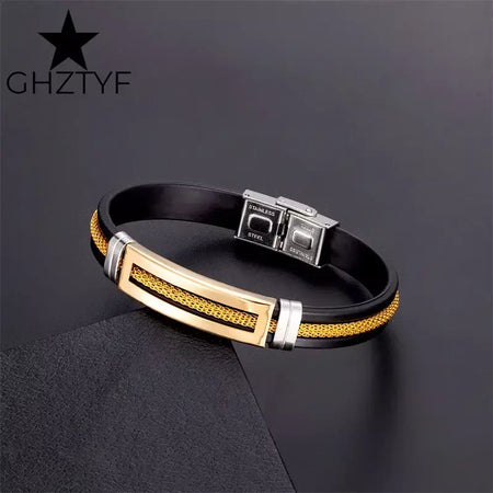 puseira masculina de ouro Pulseiras de aço inoxidável manguito para homens mulher pulseira de borracha preta com corrente 17 19 21cm cinto ajustável homem mão jóias presentes masculino frete grátis