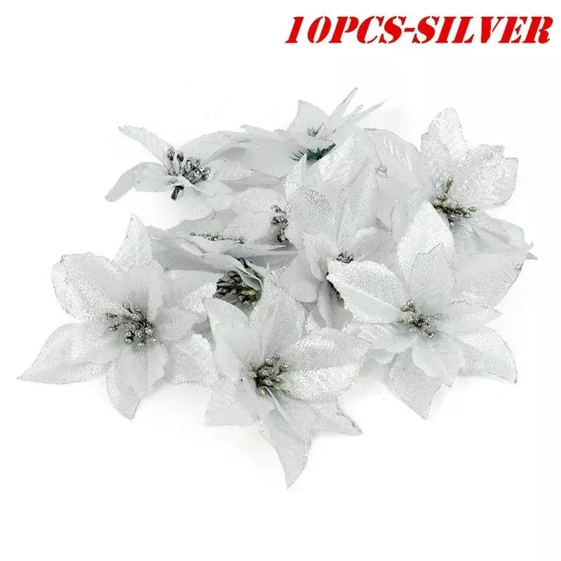 10 pçs grandes lantejoulas flor de natal glitter poinsétia 5.5 polegada flores artificiais enfeites de árvore de natal decorações para casa