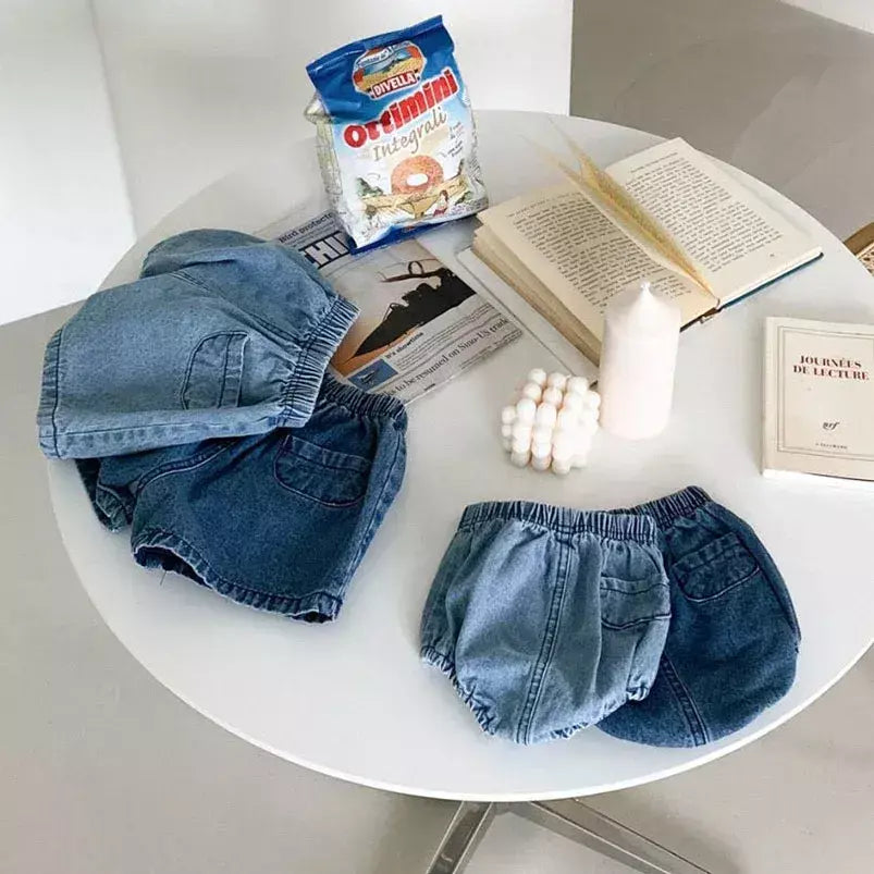 Adorável bebê meninos shorts verão casual denim calças curtas para a criança meninas bolsos design roupas crianças calças jeans 0-24m