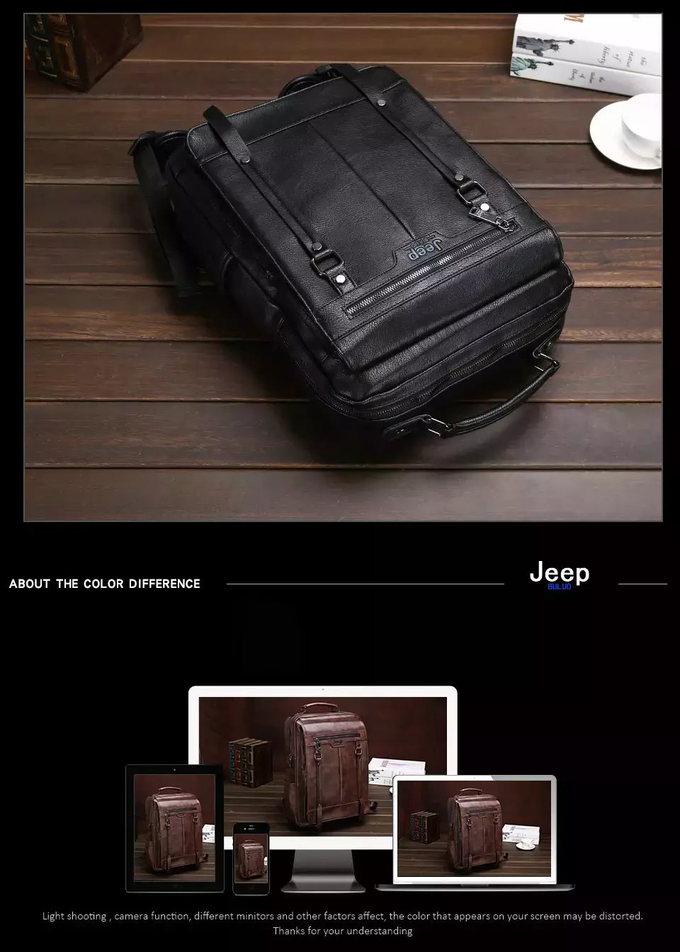 JEEP BULUO-Bolsa Masculina Casual para Laptop, Mochila de Couro Dividido, Bolsa para Computador, Alta Capacidade, Nova Tendência