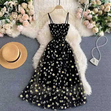 Yuoomuoo moda coreana margarida flor impressão malha vestido de festa verão duas camadas cinta espaguete férias midi vestido praia vestidos