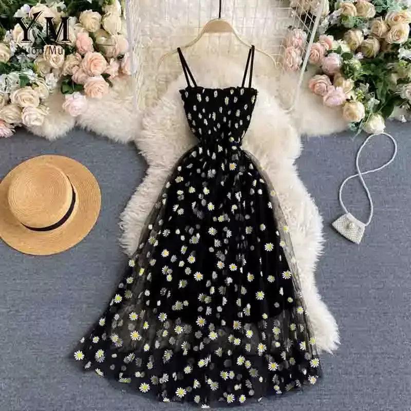 Yuoomuoo moda coreana margarida flor impressão malha vestido de festa verão duas camadas cinta espaguete férias midi vestido praia vestidos