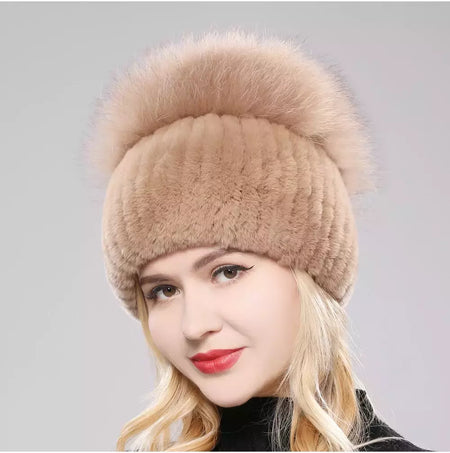 Real Genuine Fox Fur Gorros Chapéu para Mulheres, Pele de Coelho Rex Natural Boné de Caveira, Chapéus de malha para meninas, inverno, estilo russo, novo