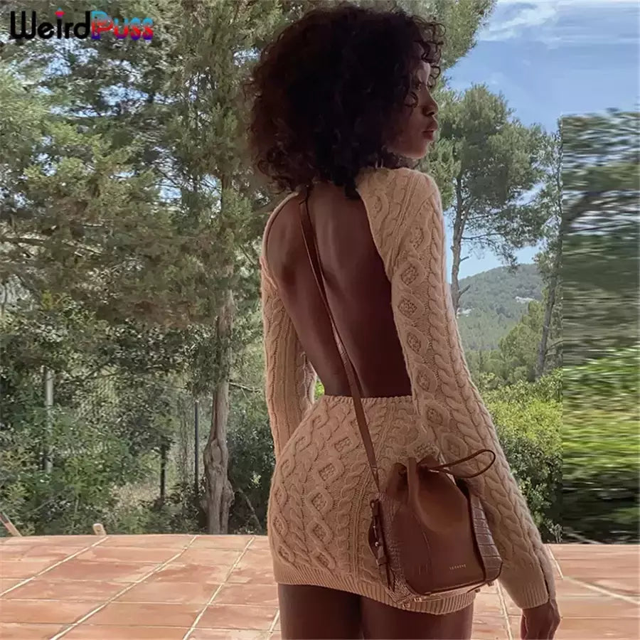 Weird Puss-Mini Vestidos de Gola Alta Elástica Feminina, Tricô Chique, Sem Costas, Manga Comprida, Soft Bodycon, Streetwear, Sexy, Outono