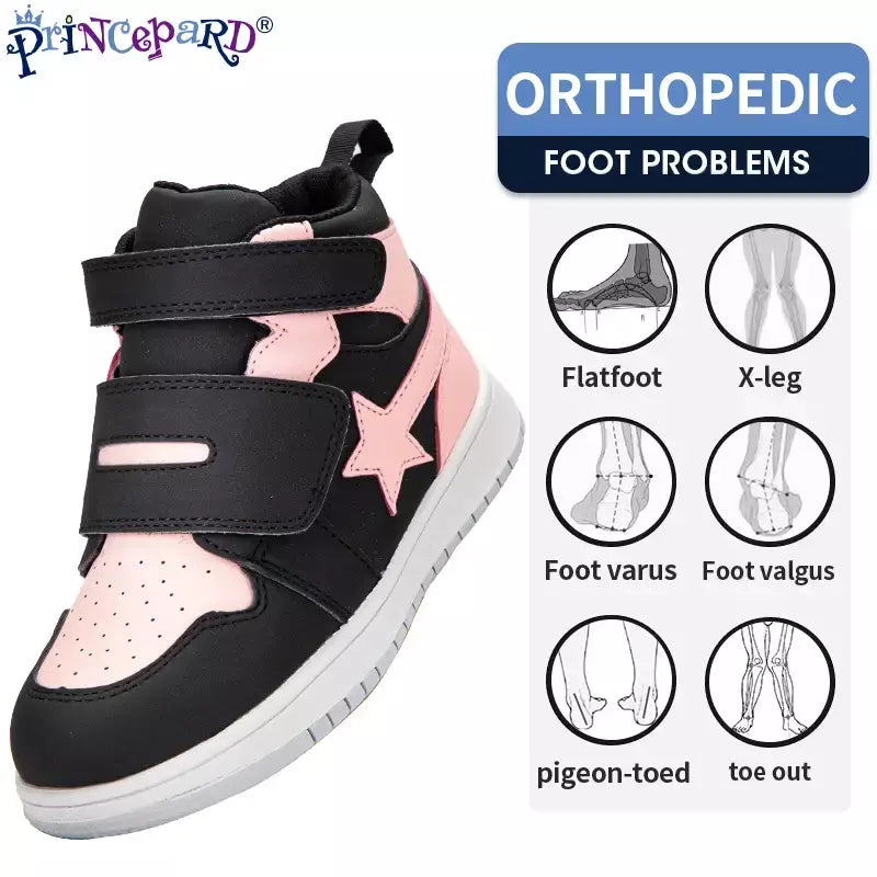 Sapatilhas para crianças, sapatos ortopédicos para crianças, ponta dos pés, suporte de tornozelo alto para caminhada, tênis de sola antiderrapante de fundo duro para meninas meninos pés chatos