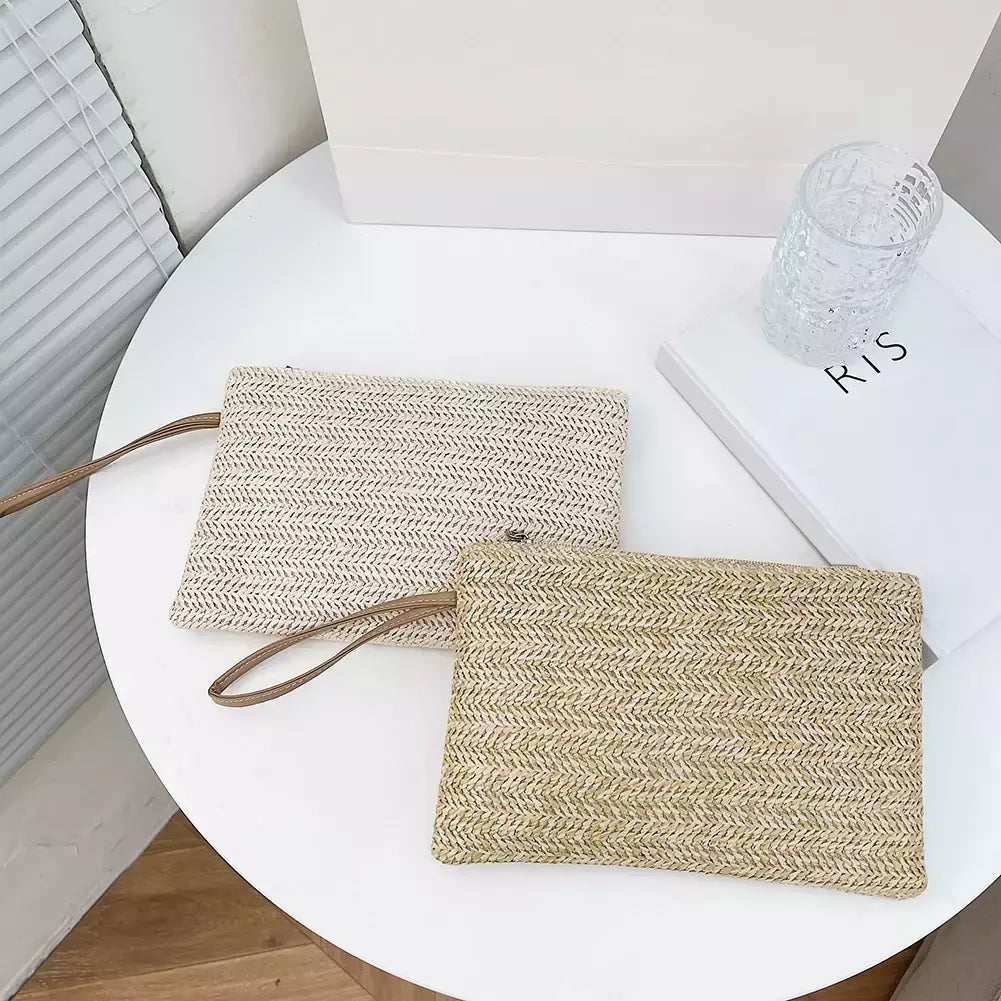 Moda feminina boêmio tecido embreagem wristlet saco casual senhoras praia verão cor sólida pequenas bolsas bolsa branco bege presentes