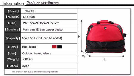 OIWAS-mochila masculina com carrinho, mala de rolamento dobrável, repelente de água, bagagem de mão com rodas, bolsa de mão, pacote de expansão de 56 litros
