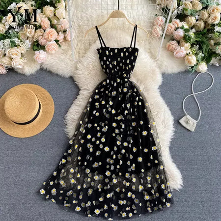 Yuoomuoo moda coreana margarida flor impressão malha vestido de festa verão duas camadas cinta espaguete férias midi vestido praia vestidos