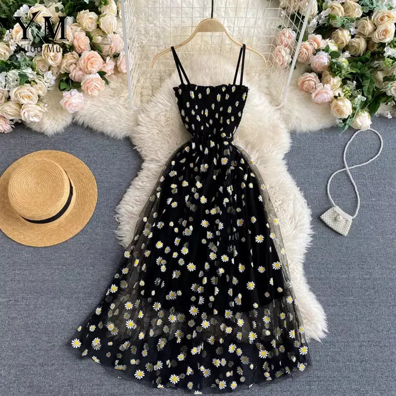 Yuoomuoo moda coreana margarida flor impressão malha vestido de festa verão duas camadas cinta espaguete férias midi vestido praia vestidos