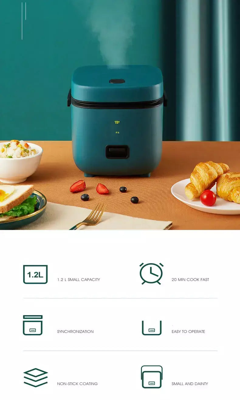 Mini panela de arroz automática, cozinha doméstica, máquina de cozinhar elétrica, 1-2 pessoas, aquecedor de alimentos, vaporizador, 1,2l, panela de arroz pequena