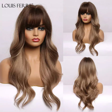 Louis ferre longo ombre loira perucas sintéticas com franja para mulheres onda natural penteado fibra resistente ao calor cosplay perucas marrons