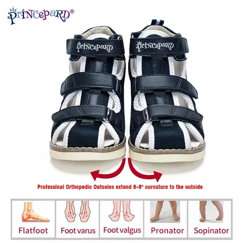 Princepard primavera verão crianças sandálias ortopédicas novo dedo do pé fechado couro arco apoio correção sapatos da criança meninas meninos