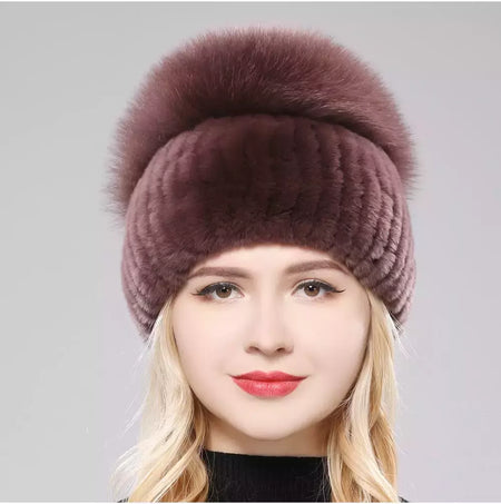 Real Genuine Fox Fur Gorros Chapéu para Mulheres, Pele de Coelho Rex Natural Boné de Caveira, Chapéus de malha para meninas, inverno, estilo russo, novo