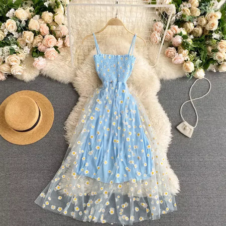 Yuoomuoo moda coreana margarida flor impressão malha vestido de festa verão duas camadas cinta espaguete férias midi vestido praia vestidos