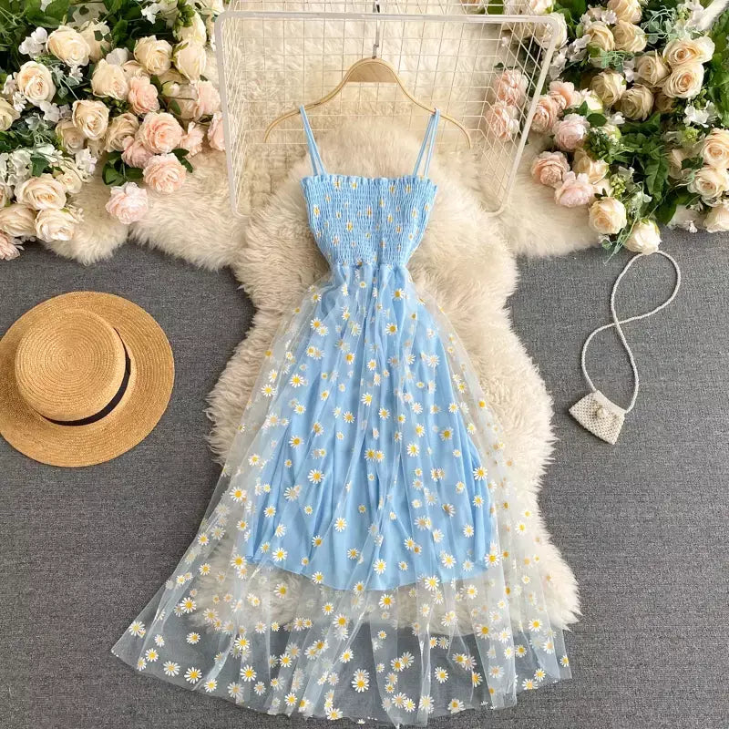 Yuoomuoo moda coreana margarida flor impressão malha vestido de festa verão duas camadas cinta espaguete férias midi vestido praia vestidos