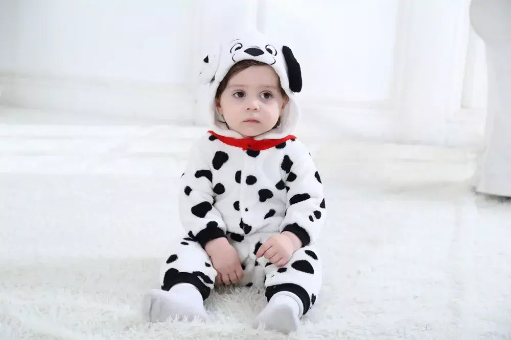 Umorden bebê dálmatas manchado cão traje kigurumi dos desenhos animados animal macacão infantil da criança macacão flanela halloween fantasia vestido