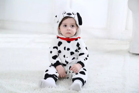 Umorden bebê dálmatas manchado cão traje kigurumi dos desenhos animados animal macacão infantil da criança macacão flanela halloween fantasia vestido