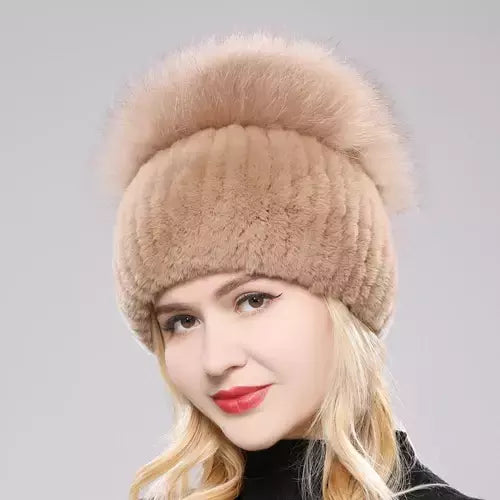 Real Genuine Fox Fur Gorros Chapéu para Mulheres, Pele de Coelho Rex Natural Boné de Caveira, Chapéus de malha para meninas, inverno, estilo russo, novo