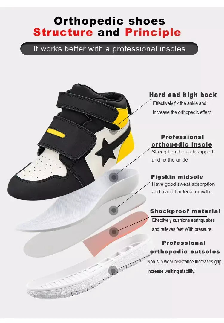 Sapatilhas para crianças, sapatos ortopédicos para crianças, ponta dos pés, suporte de tornozelo alto para caminhada, tênis de sola antiderrapante de fundo duro para meninas meninos pés chatos