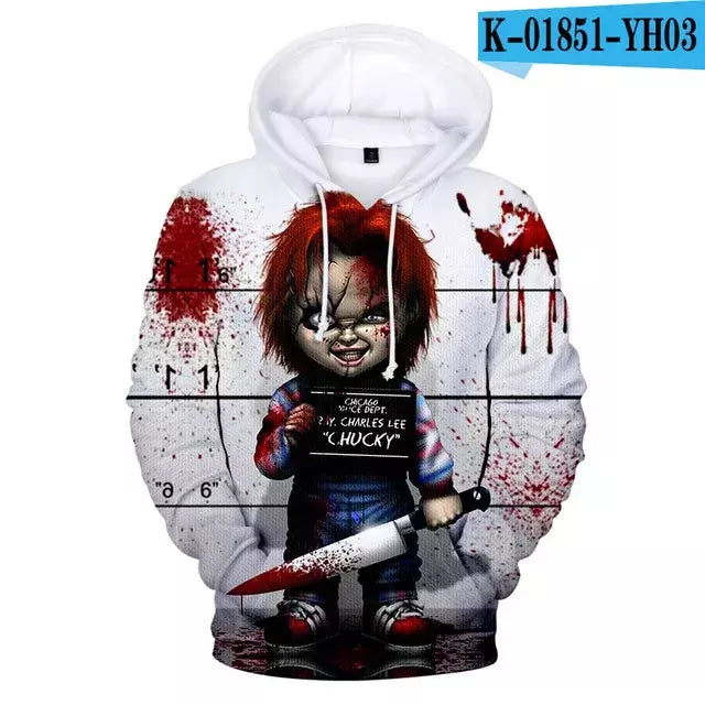 Chucky-Homens 3D Full-Print Hoodies Filme de Terror, moletom Hoodie, Traje Cosplay, Streetwear, Unisex, Nova Moda, 2024