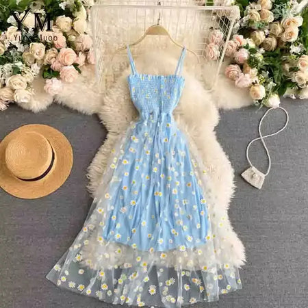 Yuoomuoo moda coreana margarida flor impressão malha vestido de festa verão duas camadas cinta espaguete férias midi vestido praia vestidos