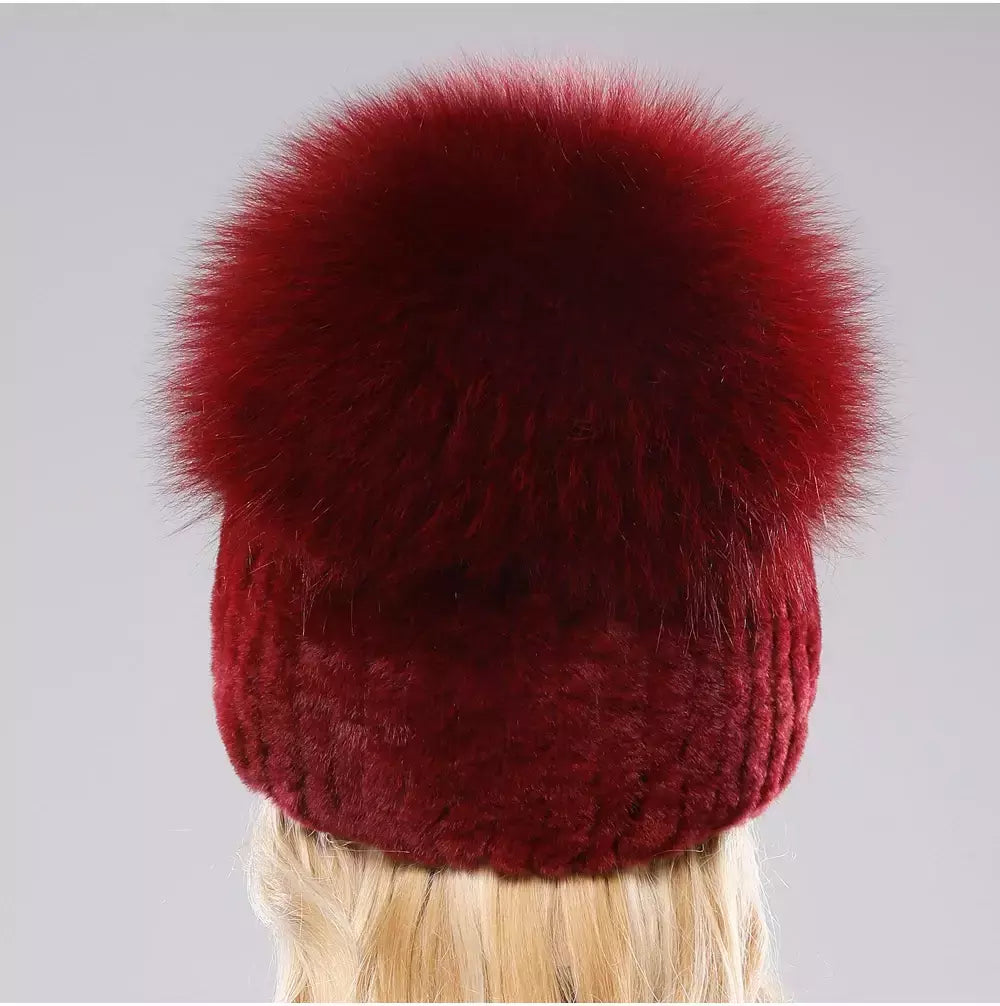 Real Genuine Fox Fur Gorros Chapéu para Mulheres, Pele de Coelho Rex Natural Boné de Caveira, Chapéus de malha para meninas, inverno, estilo russo, novo