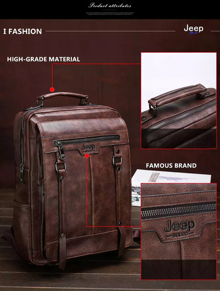 JEEP BULUO-Bolsa Masculina Casual para Laptop, Mochila de Couro Dividido, Bolsa para Computador, Alta Capacidade, Nova Tendência