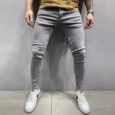 Cinza cor pura jeans homens cintura elástica calças de brim magros 2021 estiramento sem rasgado calças streetwear preto dos homens denim