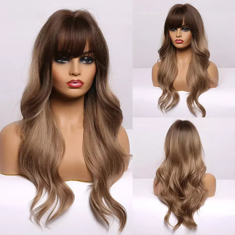 Louis ferre longo ombre loira perucas sintéticas com franja para mulheres onda natural penteado fibra resistente ao calor cosplay perucas marrons