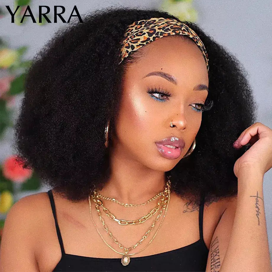 Afro kinky encaracolado cabelo humano bandana perucas para preto feminino 180% densidade cabelo humano brasileiro remy máquina completa feita cabelo yara