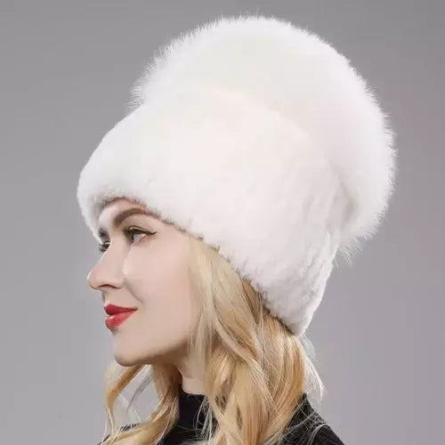 Real Genuine Fox Fur Gorros Chapéu para Mulheres, Pele de Coelho Rex Natural Boné de Caveira, Chapéus de malha para meninas, inverno, estilo russo, novo