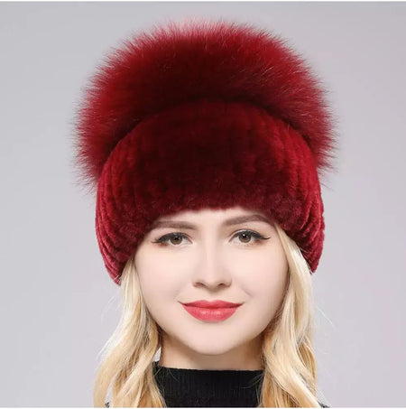 Real Genuine Fox Fur Gorros Chapéu para Mulheres, Pele de Coelho Rex Natural Boné de Caveira, Chapéus de malha para meninas, inverno, estilo russo, novo