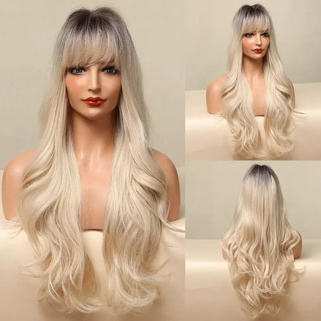 Louis ferre longo ombre loira perucas sintéticas com franja para mulheres onda natural penteado fibra resistente ao calor cosplay perucas marrons