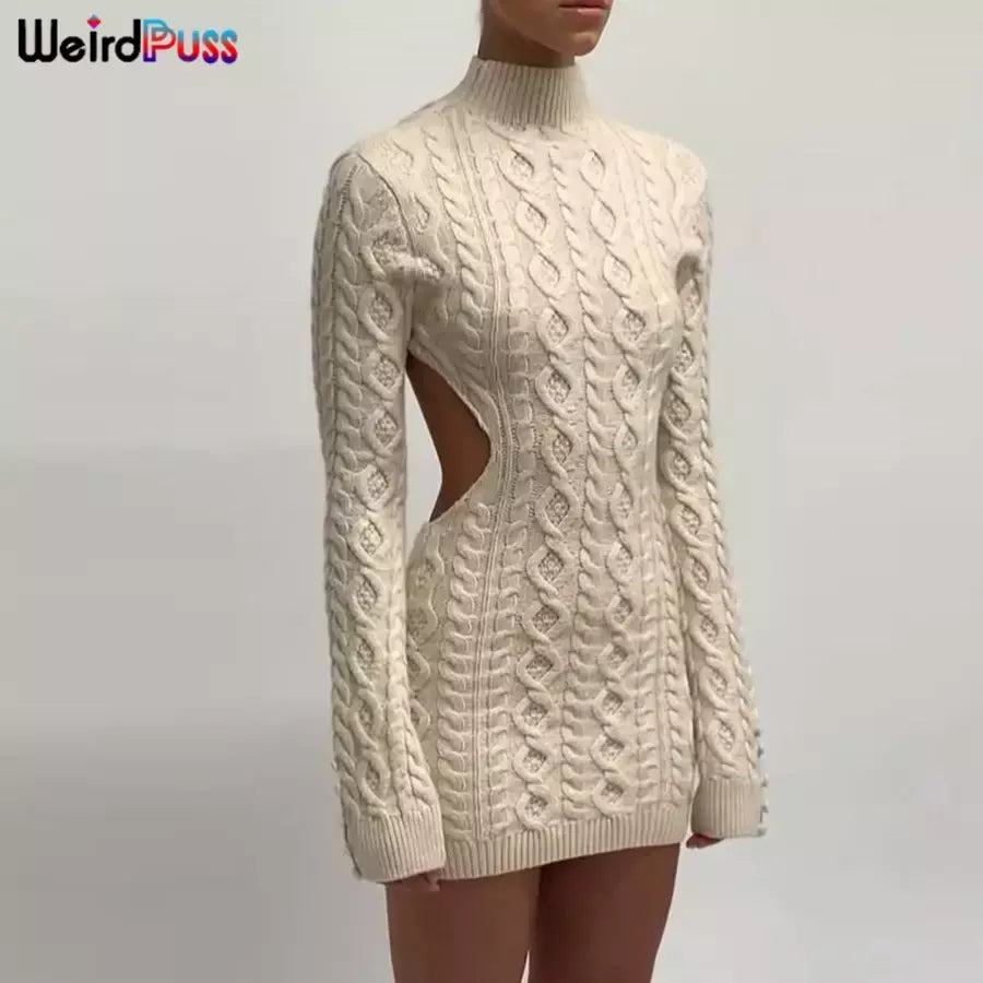 Weird Puss-Mini Vestidos de Gola Alta Elástica Feminina, Tricô Chique, Sem Costas, Manga Comprida, Soft Bodycon, Streetwear, Sexy, Outono