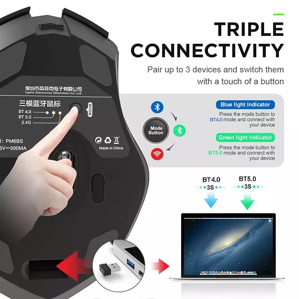 INPHIC-PM6 Mouse Recarregável Sem Fio, Compatível com Bluetooth, Office Mute, Suporte PC, Laptop, Tablet, Smartphone, Universal, 2.4G